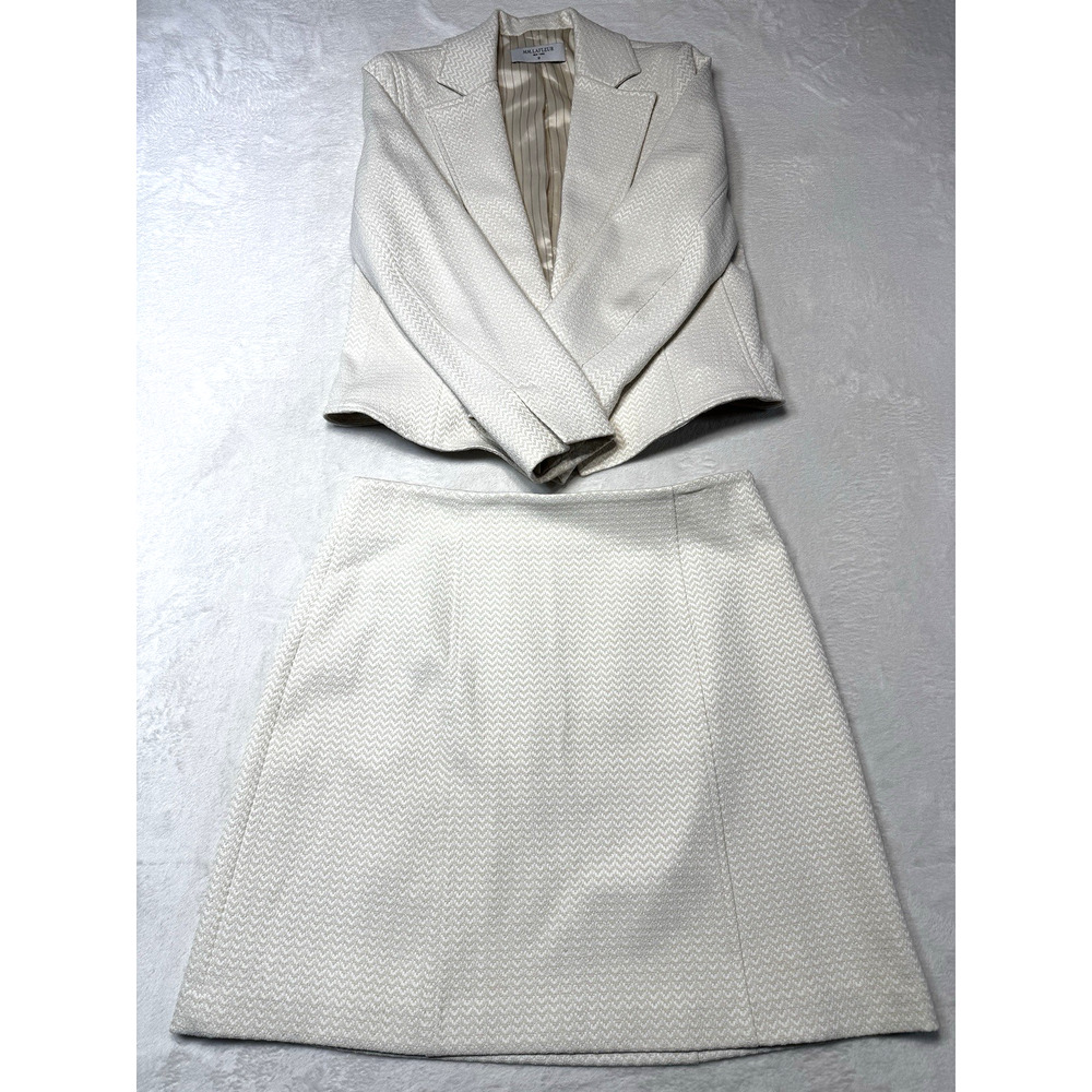 MM Lafleur Tweed Suit Set Ivory Blazer 12 Skirt 14 Textured Two Piece Womens